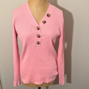 Pink V-Neck Sweater with Button Detail